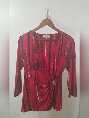 Calvin Klein Women's Abstract Print Wrap Top in Black, White & Gold